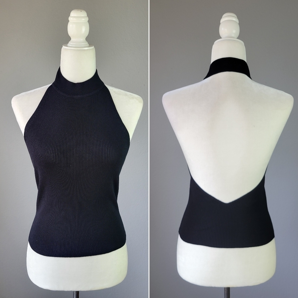 ZARA // black thick knit high neck halter style low back top